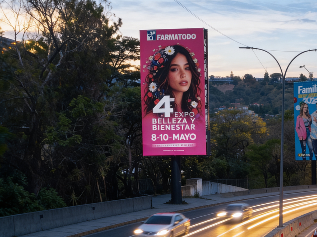 Valla publicitaria vertical iluminada junto a una autopista de Caracas